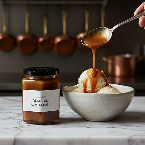 Trois Bon AU Salted Caramel Sauce with Bowl and Spoon